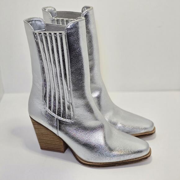 Chinese Laundry Shoes - Chinese Laundry Metallic Silver Block Heel Western Boots Festival Disco Glam 10